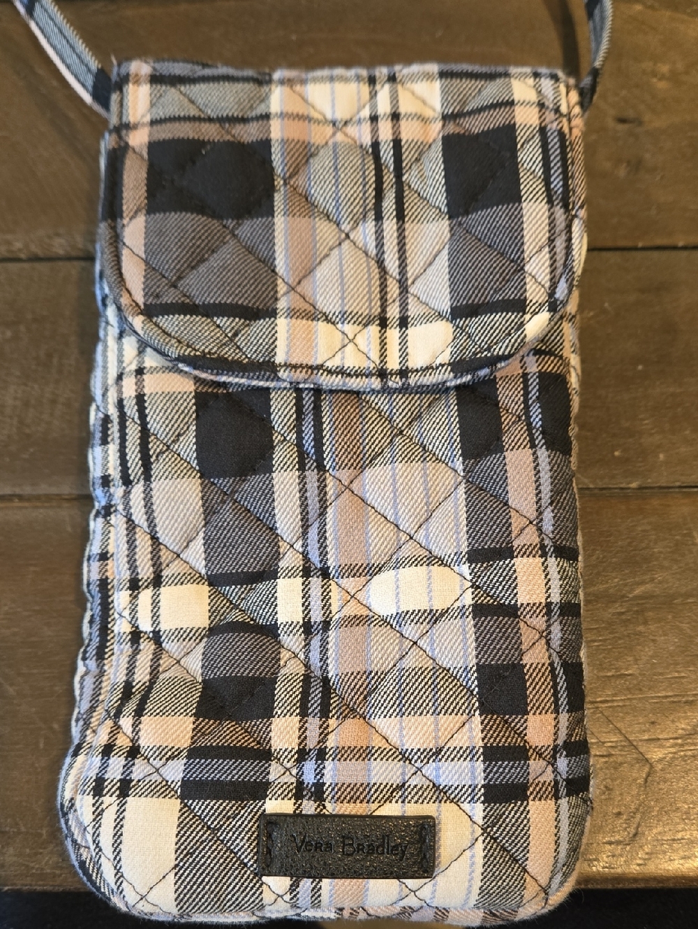 Vera Bradley Quilted Plaid Phone Crossbody in Black, Tan & Cream